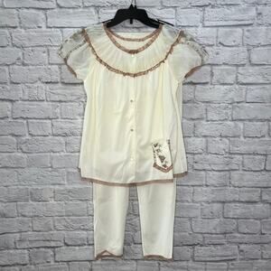 Vintage Rogers 2pc Womens Pajama Set Short Sleeve Pants Size 32 S Ivory Lace